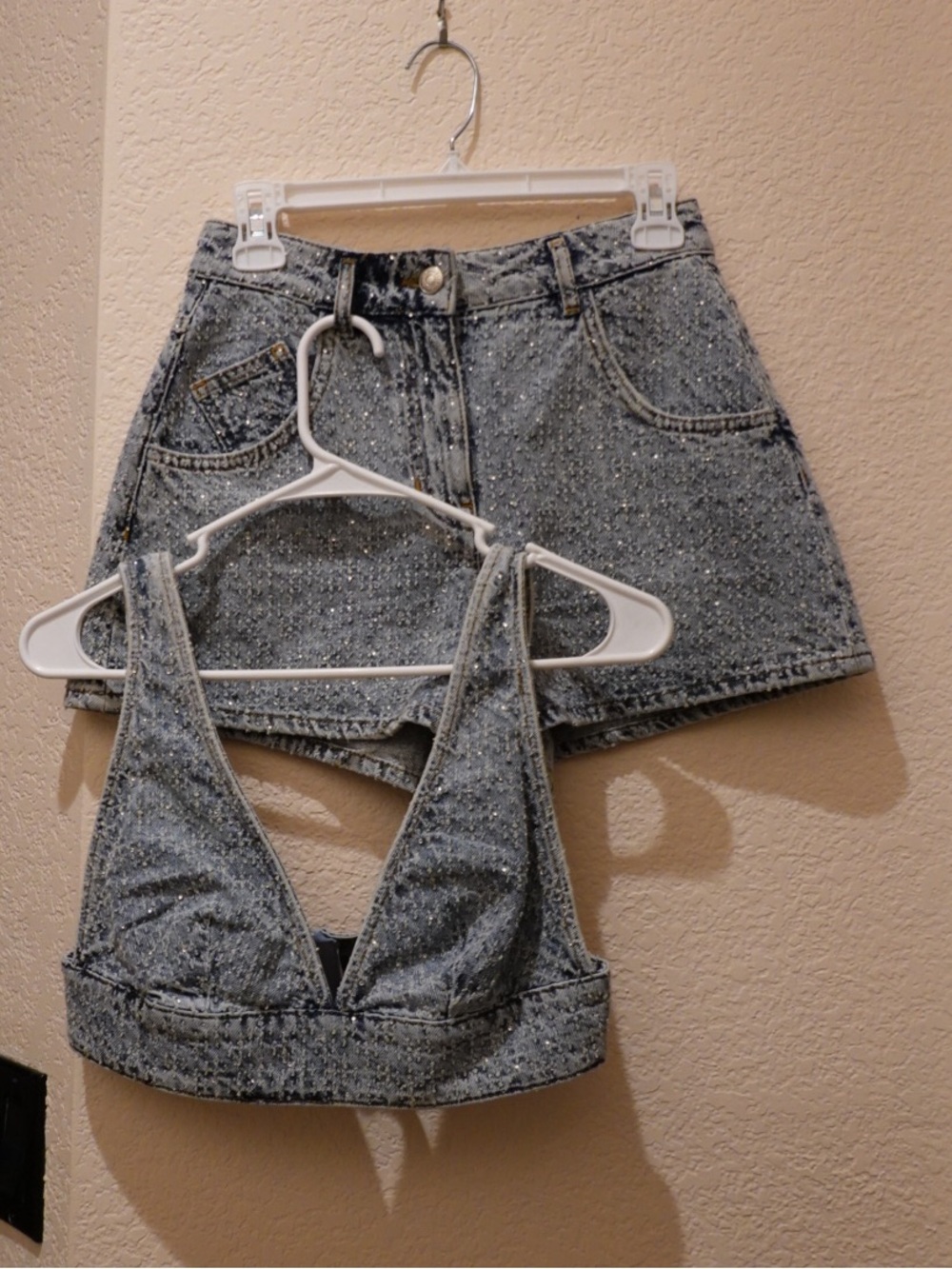 Maje Rhinestone Embellished Denim Bralette & High-Waisted Shorts Set (Size 36 /